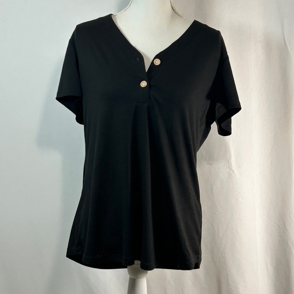 LAISHEN‎ Women Black Short Sleeve V Neck Button Up Henley Top Size L